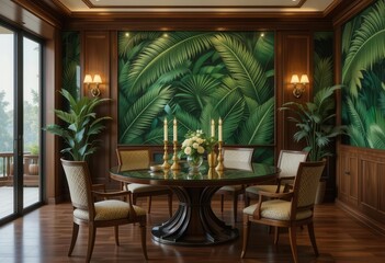 Obraz premium A tropical inspired Art Deco dining space featuring palm leaf motifs, rich mahogany wood, a round glass table, and gold candlesticks.
