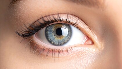 Obraz premium Close-up captures a human eye with captivating blue-green iris, long lashes, and bright reflection. Skin softly surrounds