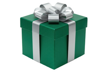 Isolated green gift present with silver ribbon and bow, wrapped box for special occasion