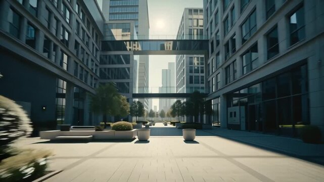 Vision of urban innovation in a modern financial district with contemporary office architecture, a central courtyard, and a connecting skybridge