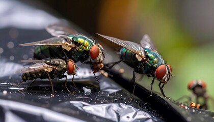 Close-up of flies on dark surface