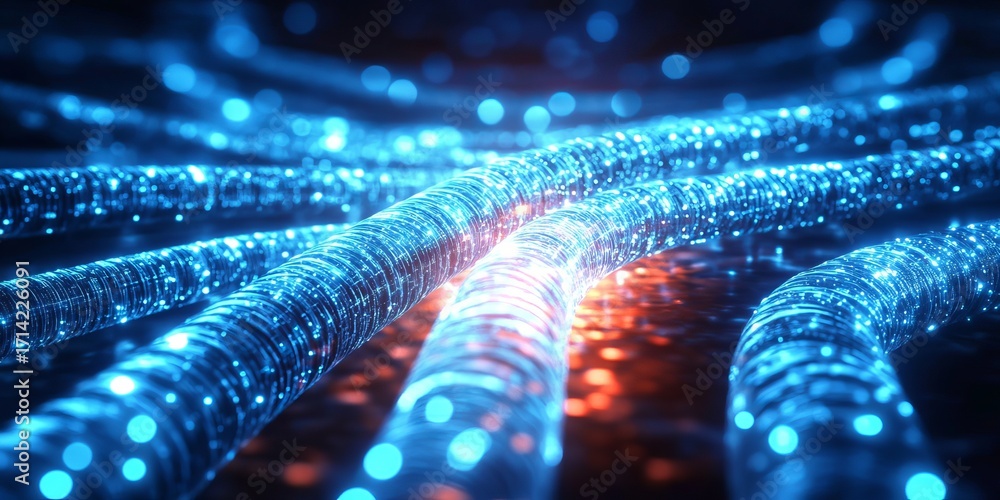 Poster glowing blue light streams in fiber optic network, representing fast and efficient data transmission