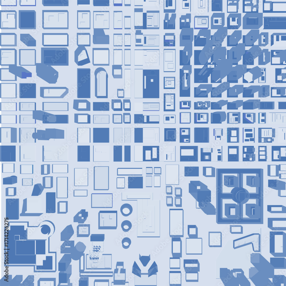Poster a city silhouette pack of blue and white squares arranged in a geometric pattern with various sizes 