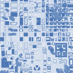 A city silhouette pack of blue and white squares arranged in a geometric pattern with various sizes and shapes creating a visually interesting composition. Top view