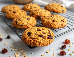 Homemade raisin oatmeal cookies cooling on a wire rack