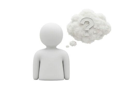 Isolated conceptual figure wondering with question mark in speech bubble, cloudlike design