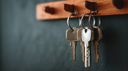 Keys hang on a wooden rack against a dark wall