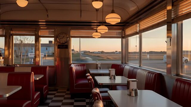 Interior view of a classic diner with red booths and large windows, showcasing a landscape.