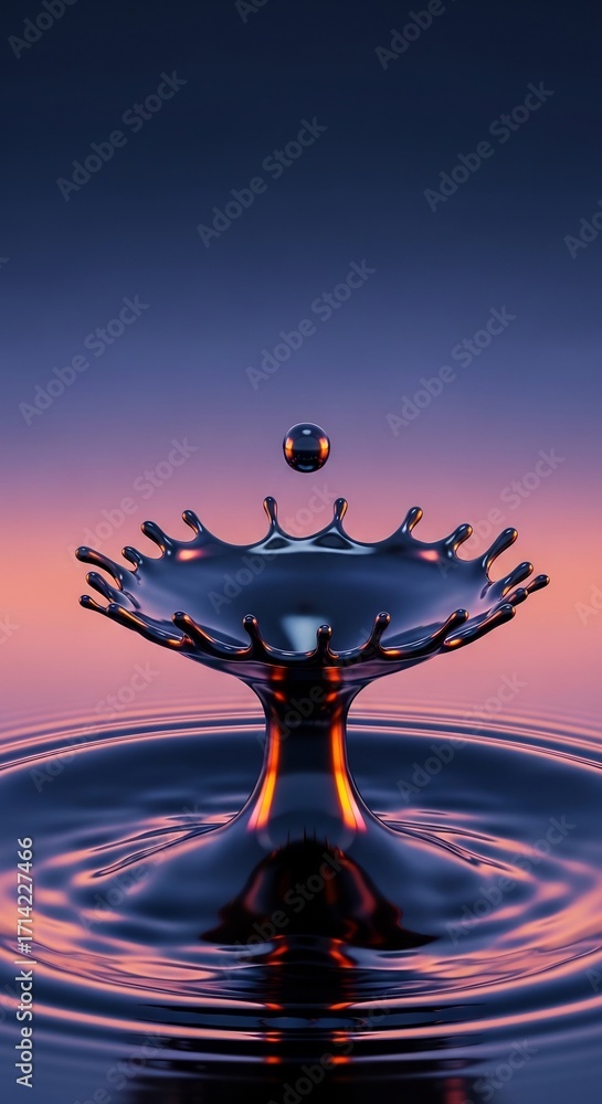 Poster a stunning 3d render of a liquid chrome drop creating a perfect crown splash. symmetrical ripples an