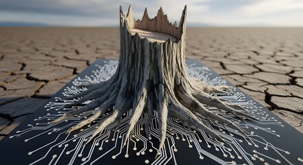 Surreal depiction of a tree stump integrated with a circuit board in a desolate landscape.