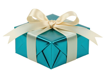Isolated teal wrapped present box with cream ribbon, special occasion celebration gift