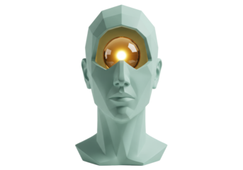 Isolated mannequin head with reflective orb for eye, low poly art concept, studio shot