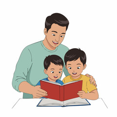 Cartoon Illustration of Father Reading a Story Book to his Two Sons Together