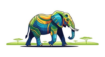 Fototapeta premium Colorful Elephant Walking on Grass with Decorative Design and Artistic Style