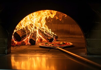 Pizza being baked in a traditional wood-fired oven, showcasing culinary skill and the art of Italian food preparation