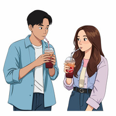 Flat Illustration Young Couple Enjoying Iced Drinks Leisure Together