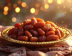 Dried dates in a decorative golden plate, soft lighting