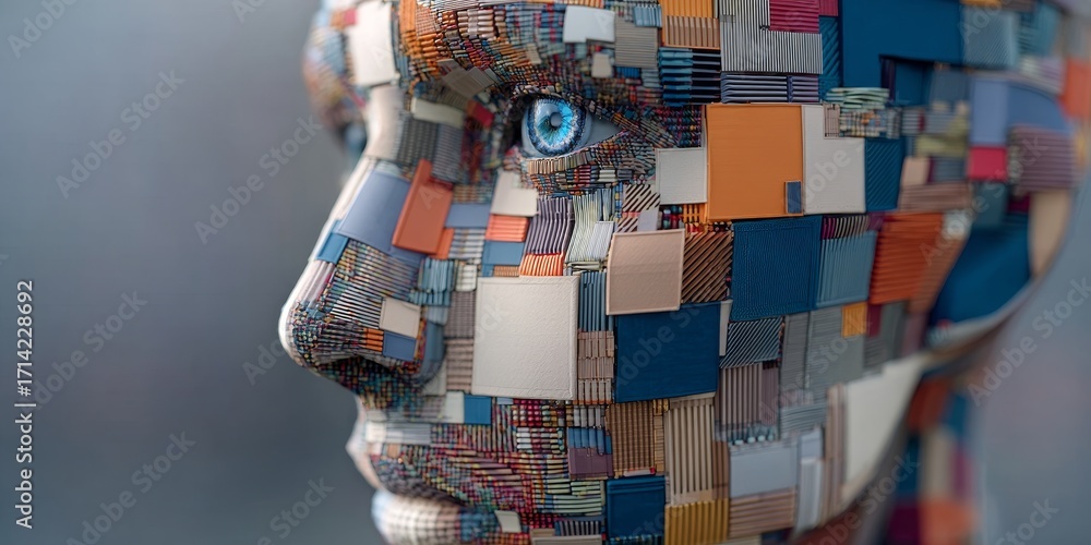 Poster abstract face profile with mosaic design and blue eyes, representing ai and futuristic concepts.
