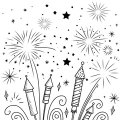 Black and White Illustration of Firework Rockets and Starbursts