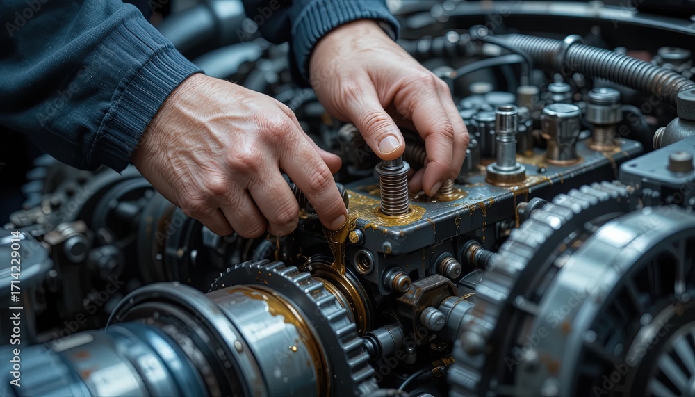 Poster close-up view of skilled hands meticulously working on a complex mechanical system, adjusting intric