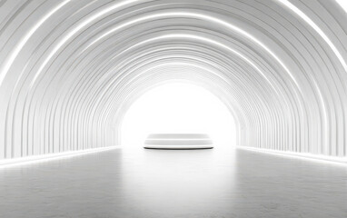 Fototapeta premium A white futuristic tunnel with curved lines and a bright end