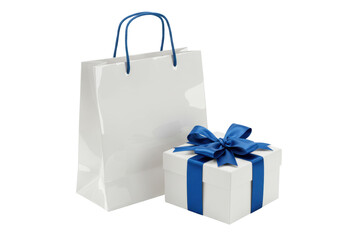 Isolated, white shopping bag, gift box, blue ribbon, elegant present, shop sale, purchase