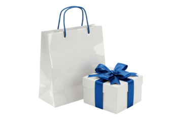 Isolated, white shopping bag, gift box, blue ribbon, elegant present, shop sale, purchase
