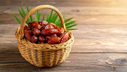 Dried dates in a wicker basket on a wooden table