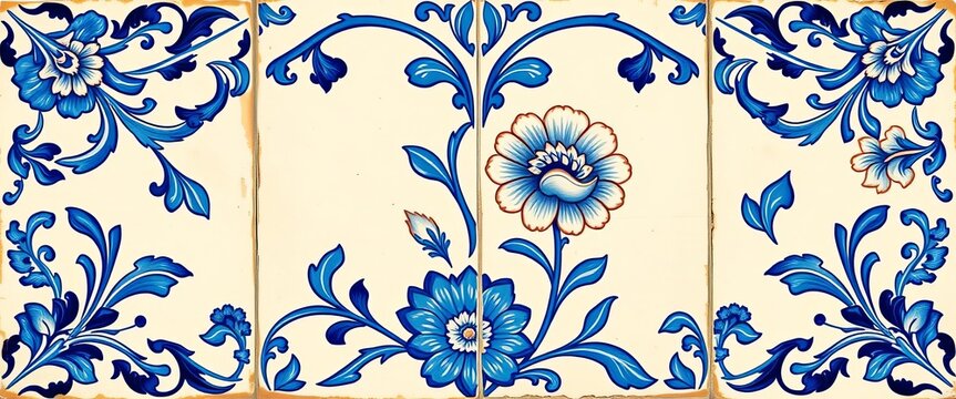 Hand-painted square azulejo tile with intricate floral design in vibrant blue and white,  colorful,  surface