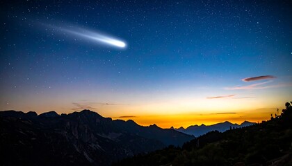 Celestial body streaks across a twilight sky above dark mountains. The scene transitions from dark to golden, with a constellation