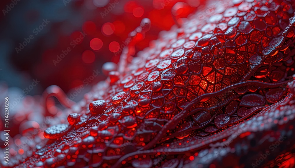 Poster close-up view of a complex, textured surface, showcasing intricate patterns and glistening details i