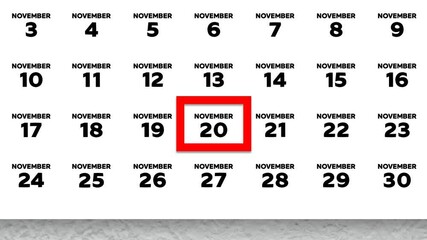 The date November 20th marked with a red cursor on the wall calendar 2025