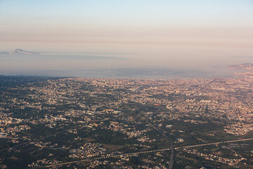 Aerial panoramic view of Naples city at sunset, Italy

