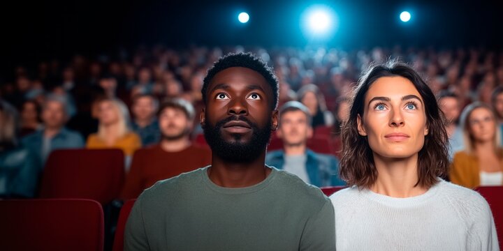 Couple watching movie in cinema theater with copy space for text