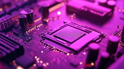 Close-up of a circuit board, highlighted in vibrant magenta, showcasing a central processor chip