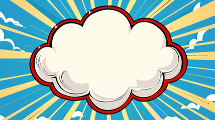 抽象的なコミックアート調　白い雲型の吹き出しフレーム　放射状に広がる黄色の光線背景　明るくポップな印象のイラスト　壁紙や広告に利用可能な抽象的デザイン素材