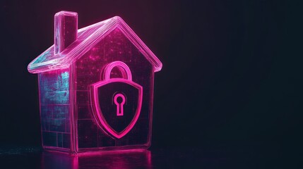 3D house with a padlock and shield, glowing in pink and blue, on a dark background