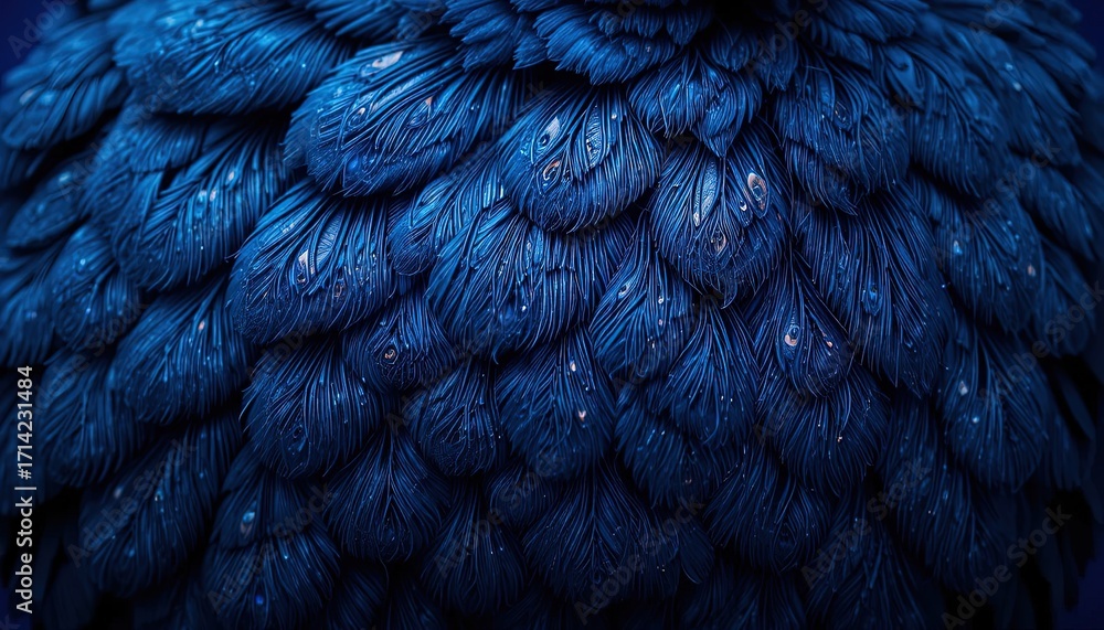 Aufkleber close-up view of densely packed, deep blue feathers, each adorned with delicate water droplets, crea