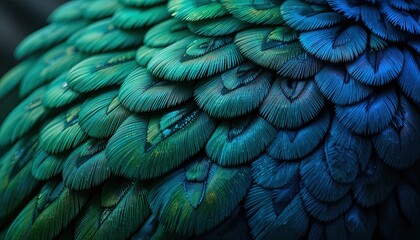 A close-up view of vibrant, layered feathers, showcasing a spectrum of teal and deep blue hues.