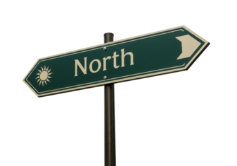 Isolated North directional sign with sun, symbolizing navigation direction guide post signpost