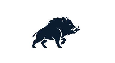 Powerful Wild Boar Silhouette Charging Forward Aggressively Against White Background.