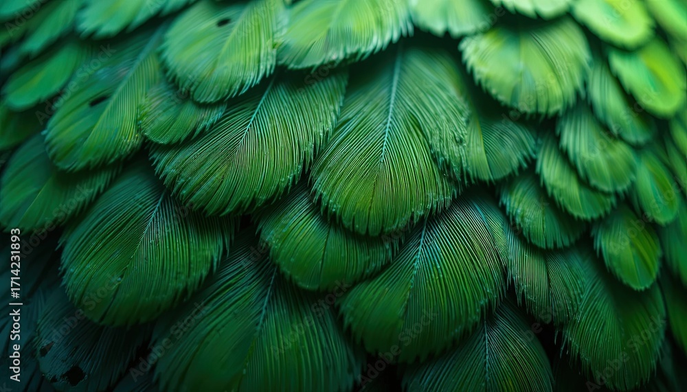 Poster close-up view of densely packed, vibrant green feathers, showcasing intricate patterns and textures.