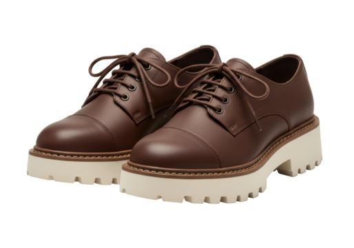 Isolated pair of brown leather platform shoes or boots with thick lug sole and laces