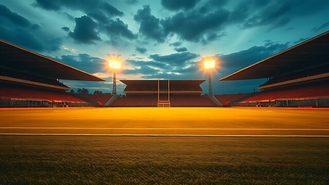 Empty soccer field at dusk with glowing stadium lights, creating a warm and atmospheric scene.