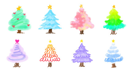 Cute Christmas Tree Set | 8 Hand-Drawn PNG Elements, Colorful Holiday Clipart, Festive Doodle Trees, Transparent Background