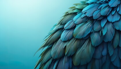 Close-up view of a textured arrangement of numerous vibrant teal feathers, showcasing intricate detail and a calming aesthetic against a soft teal backdrop.