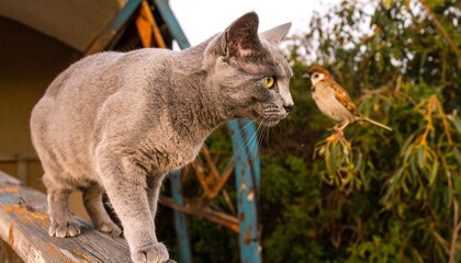 Gray cat watches a small bird