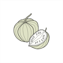 Illustration of a whole and halved tomatillo with seeds