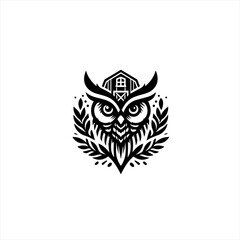Stylized owl with barn and laurel wreath emblem on white background