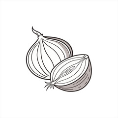 Stylized illustration of a whole onion and a halved onion on white background